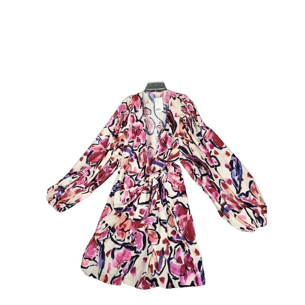 H&M Balloon Sleeved Wickelkleid Creme Rosa Mini Dress Women M‎ Floral Wrap Dress